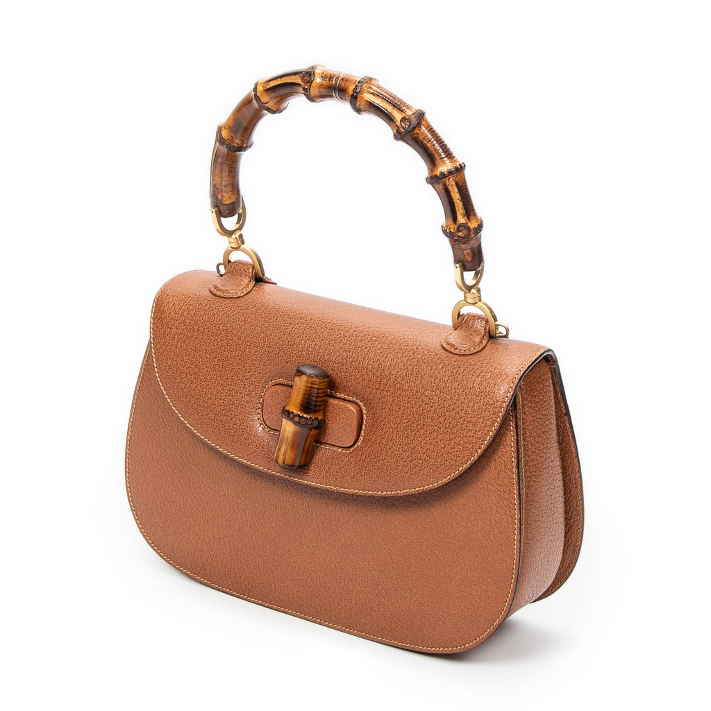 Shoulder Bag Medium Bamboo Top Handle Flap Tan Grained Calfskin Leather
