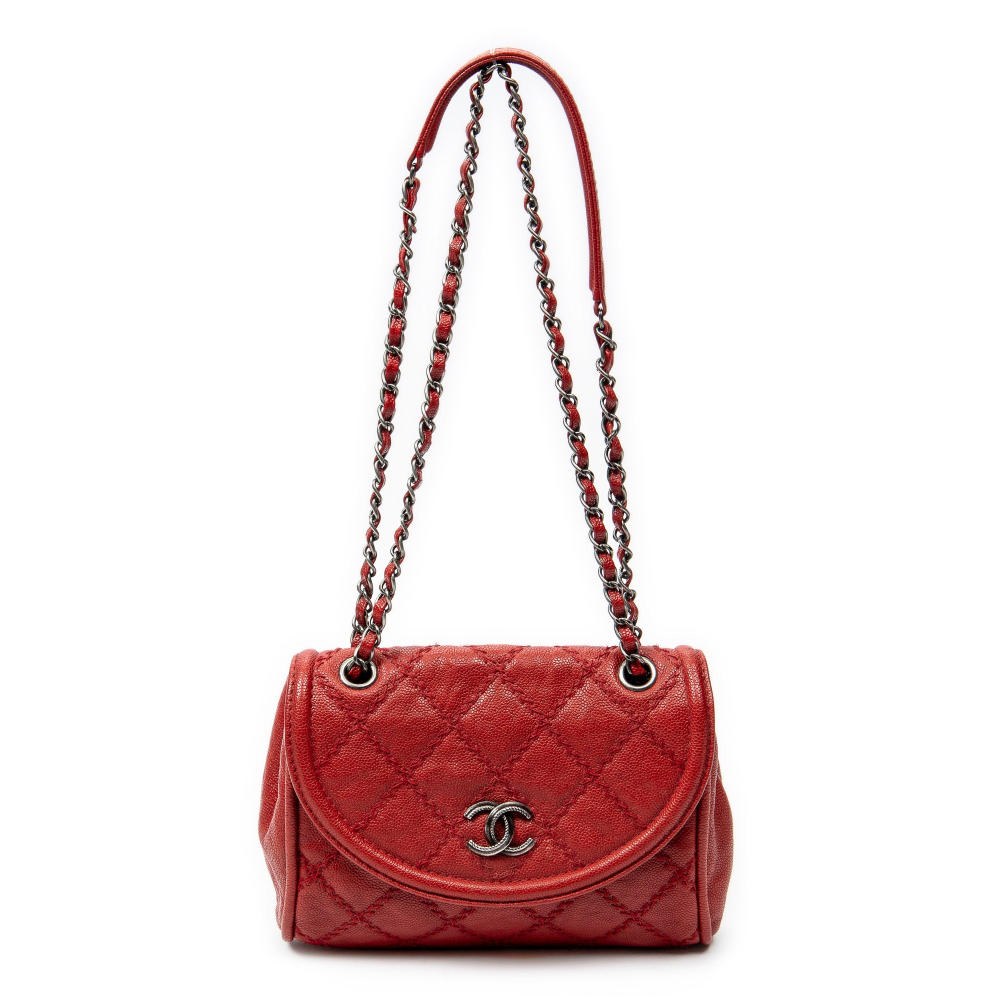 Bolso de hombro CC Ultimate Stitch Chain Redondo con Solapa de Piel de Caviar Acolchada Roja