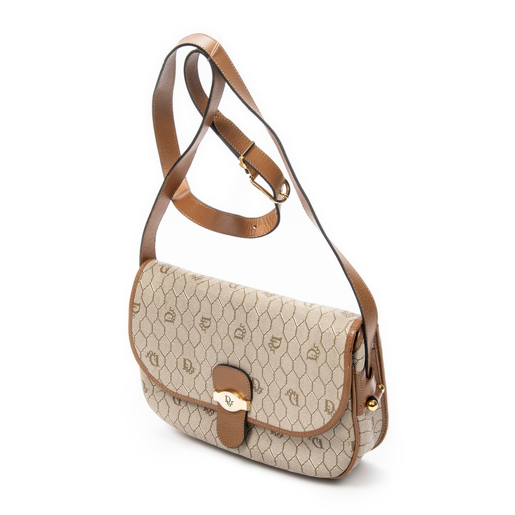 Shoulder Bag Vintage Flap Crossbody Brown Honeycomb Coated Canvas