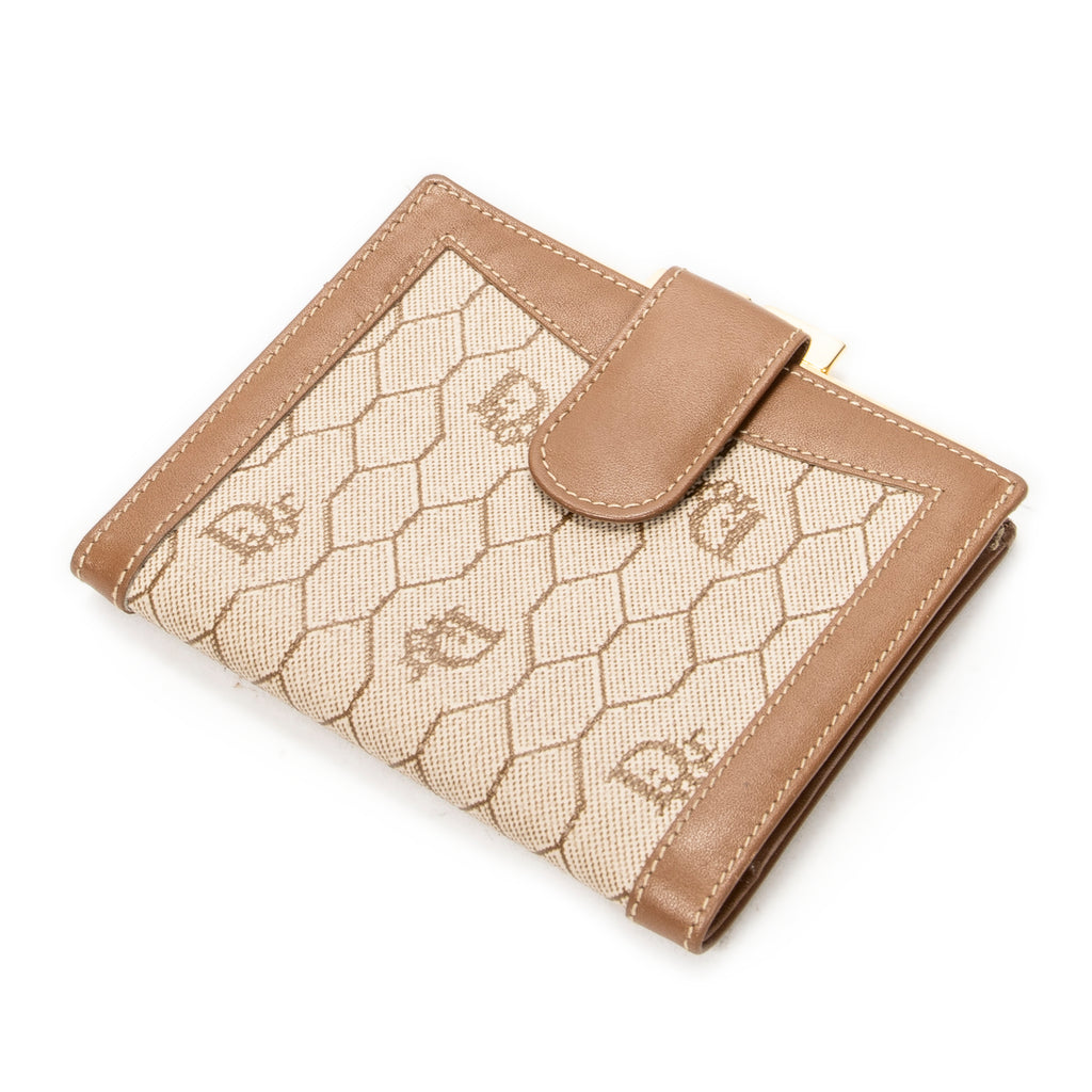 Wallet Compact French Purse Brown Honeycomb Coated Canvas