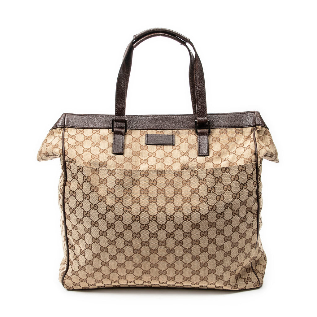 Handbag Front Pocket Shopping Tote Brown Monogrammed Canvas