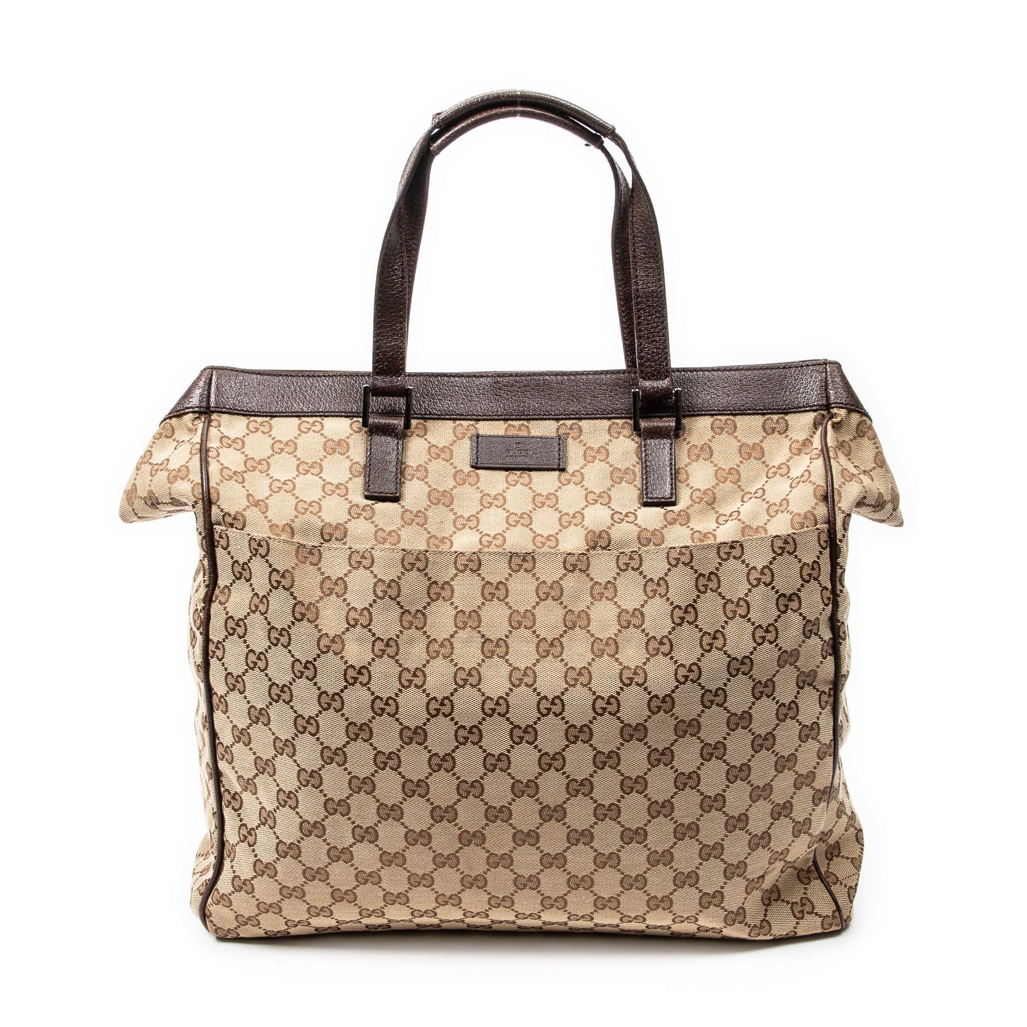 Handbag Front Pocket Shopping Tote Brown Monogrammed Canvas