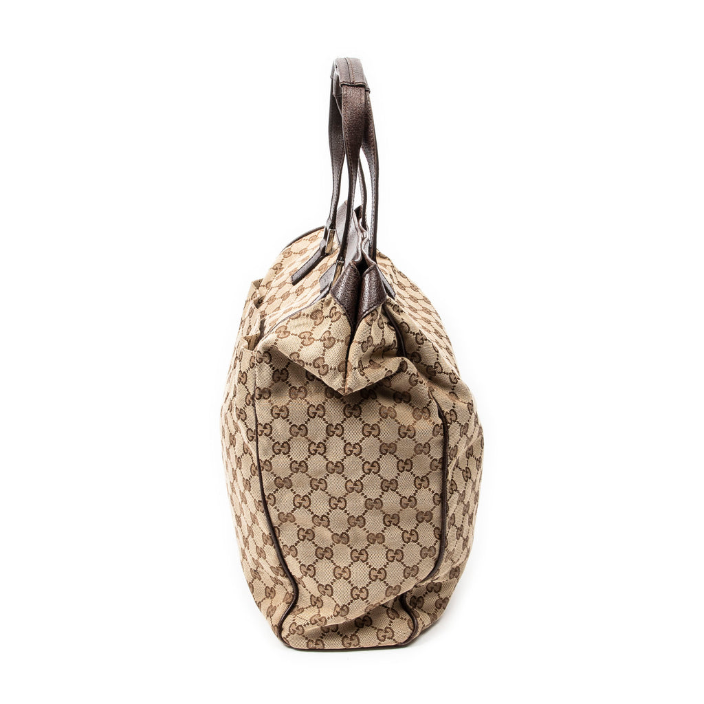 Handbag Front Pocket Shopping Tote Brown Monogrammed Canvas