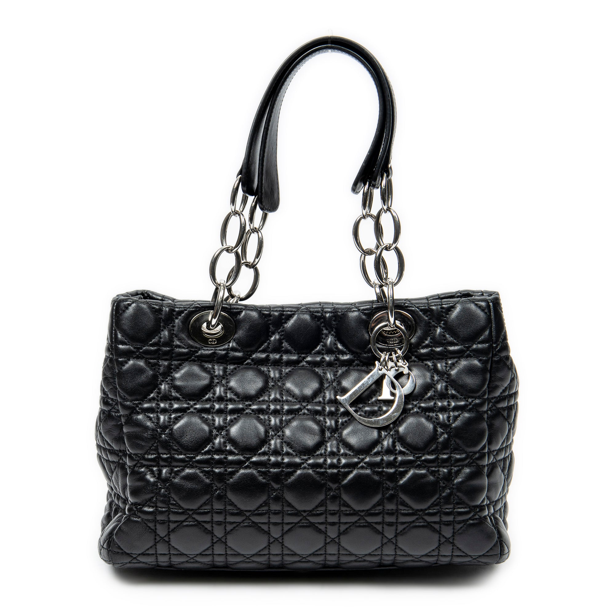 Shoulder Bag Small Soft Shopping Tote Black Cannage Lambskin Leather