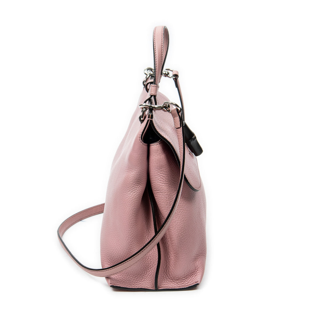 Shoulder Bag Medium Bamboo Daily Top Handle Pink Grained Calfskin Leather