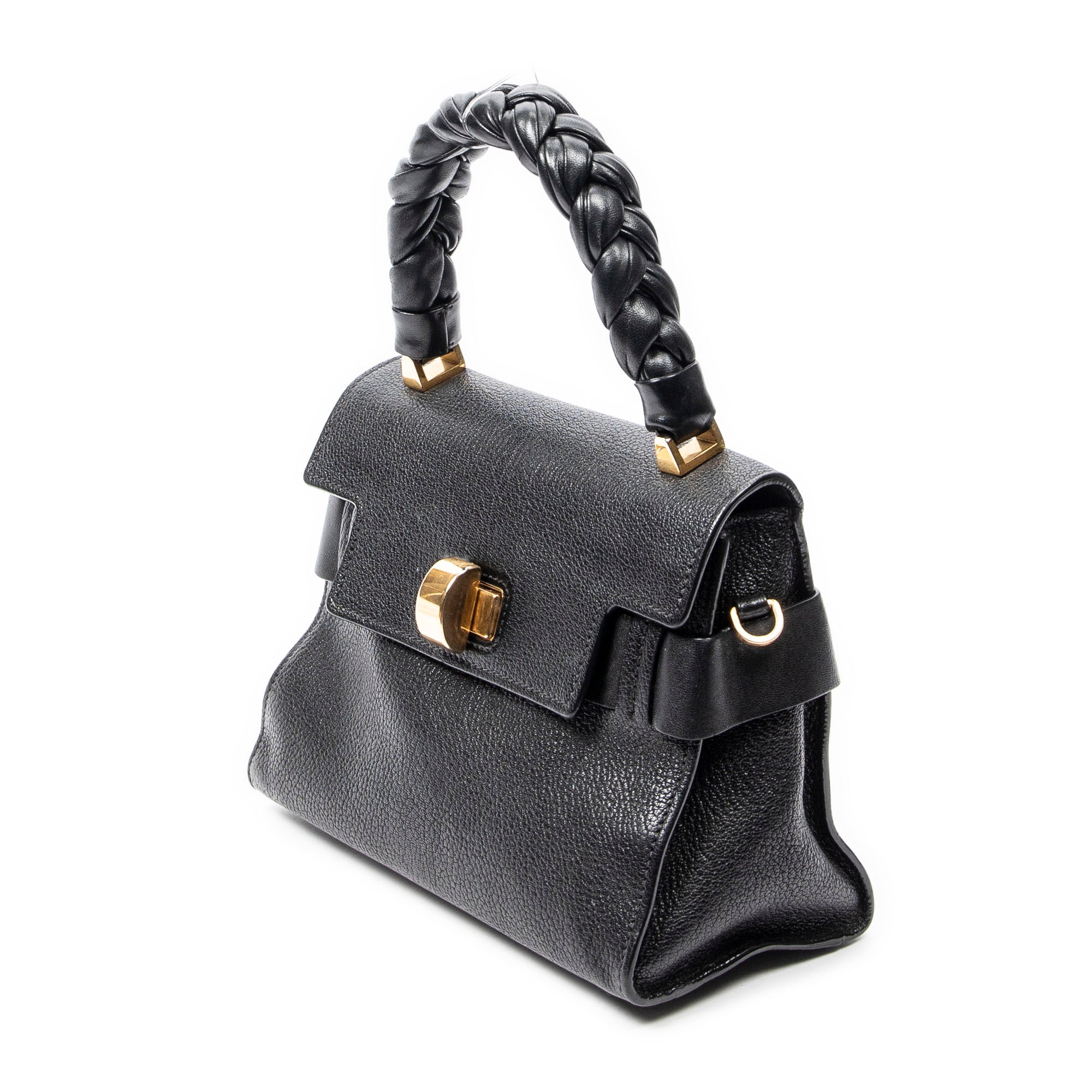 Shoulder Bag Click Braided Top Handle Black Madras Leather