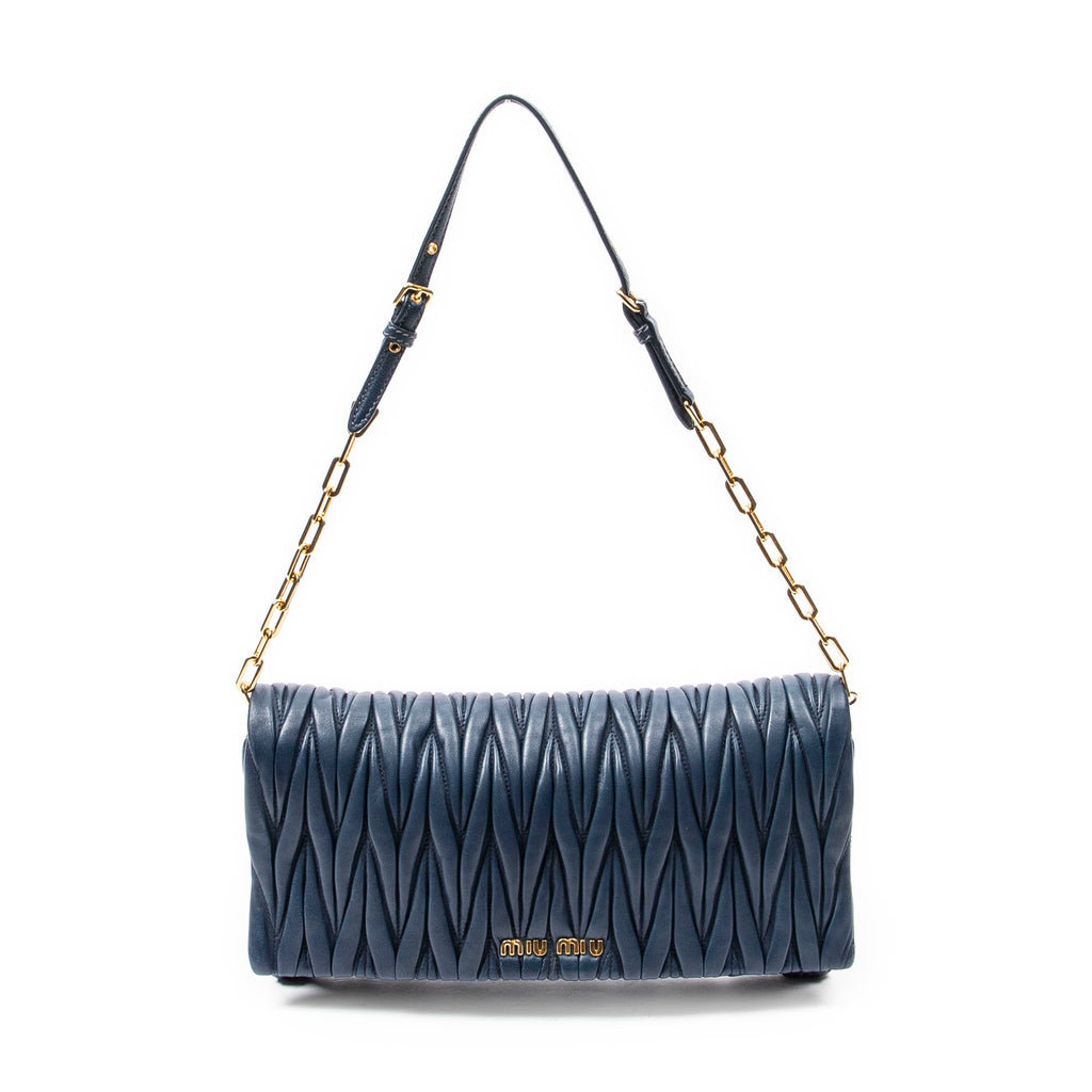 Shoulder Bag Chain Flap Clutch Navy Nappa Matelasse Leather