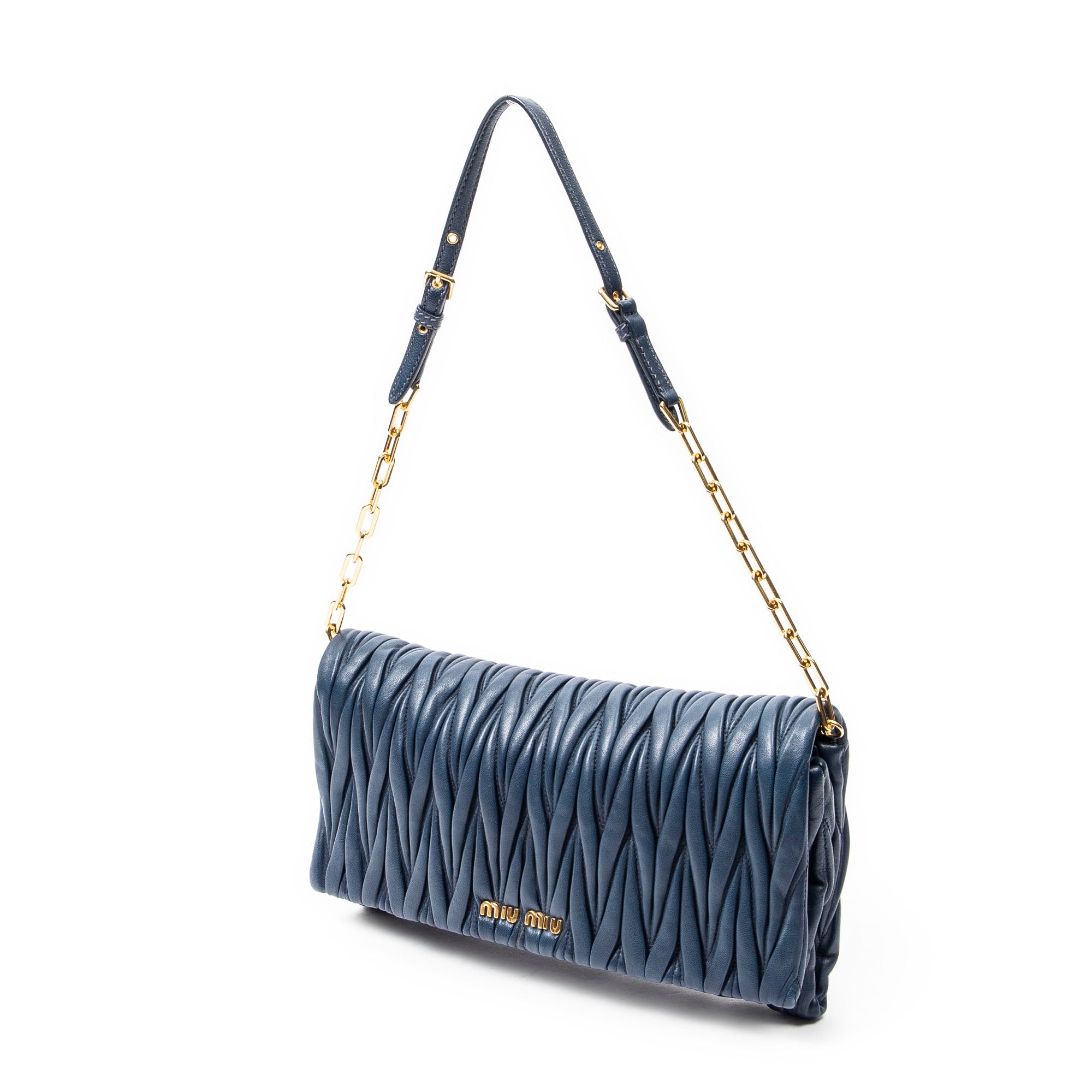 Shoulder Bag Chain Flap Clutch Navy Nappa Matelasse Leather