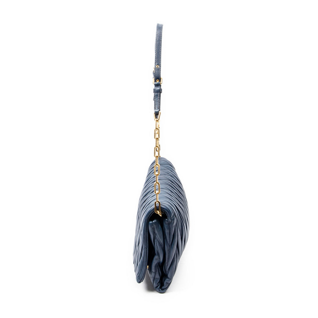 Shoulder Bag Chain Flap Clutch Navy Nappa Matelasse Leather