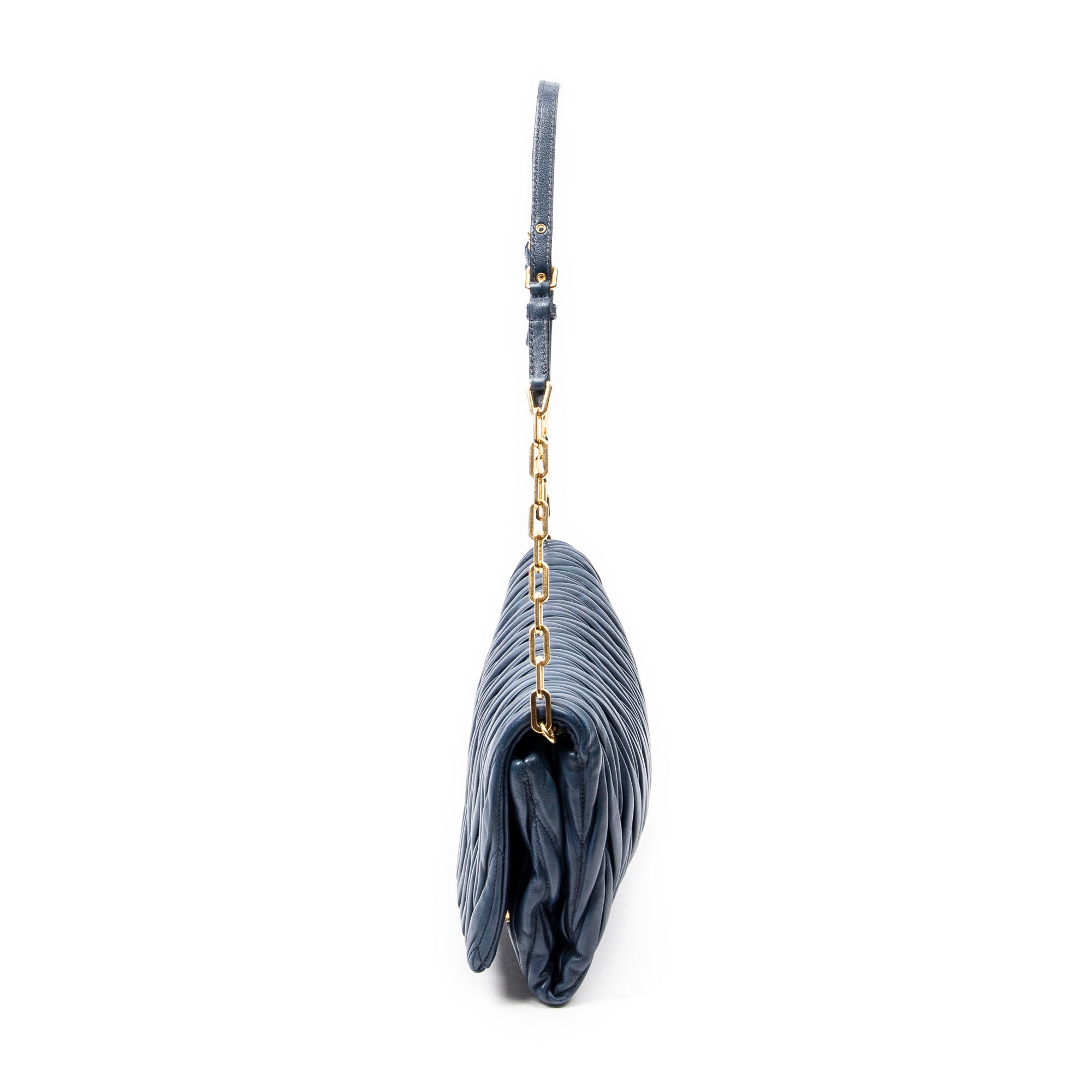 Shoulder Bag Chain Flap Clutch Navy Nappa Matelasse Leather