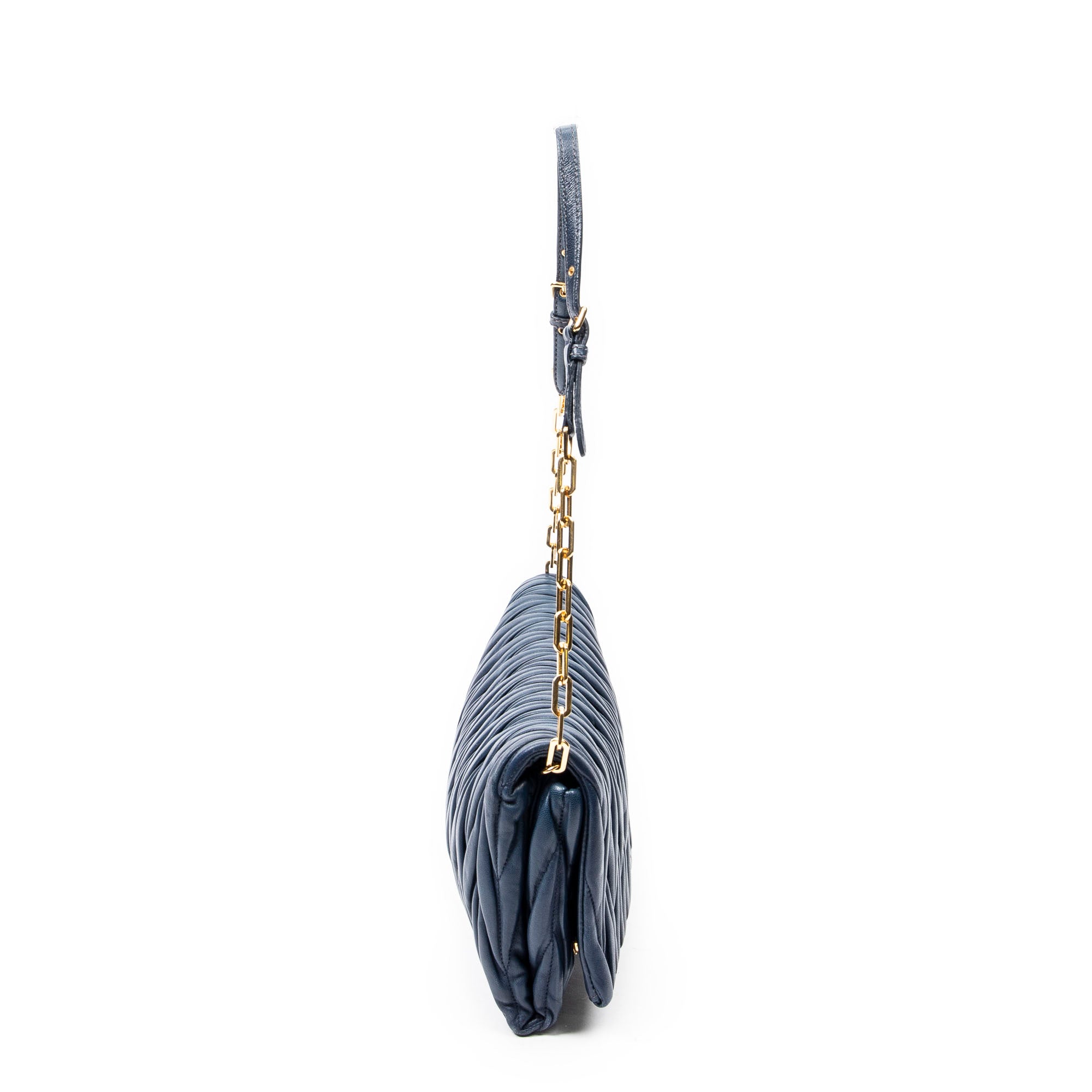 Shoulder Bag Chain Flap Clutch Navy Nappa Matelasse Leather