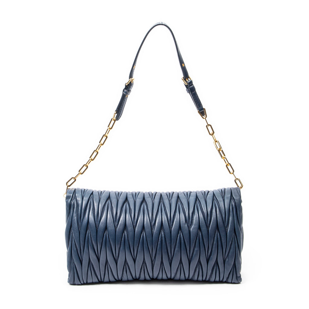 Shoulder Bag Chain Flap Clutch Navy Nappa Matelasse Leather