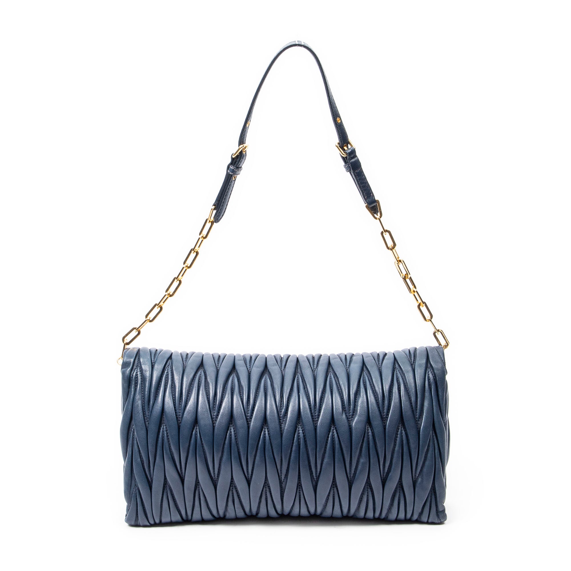 Shoulder Bag Chain Flap Clutch Navy Nappa Matelasse Leather