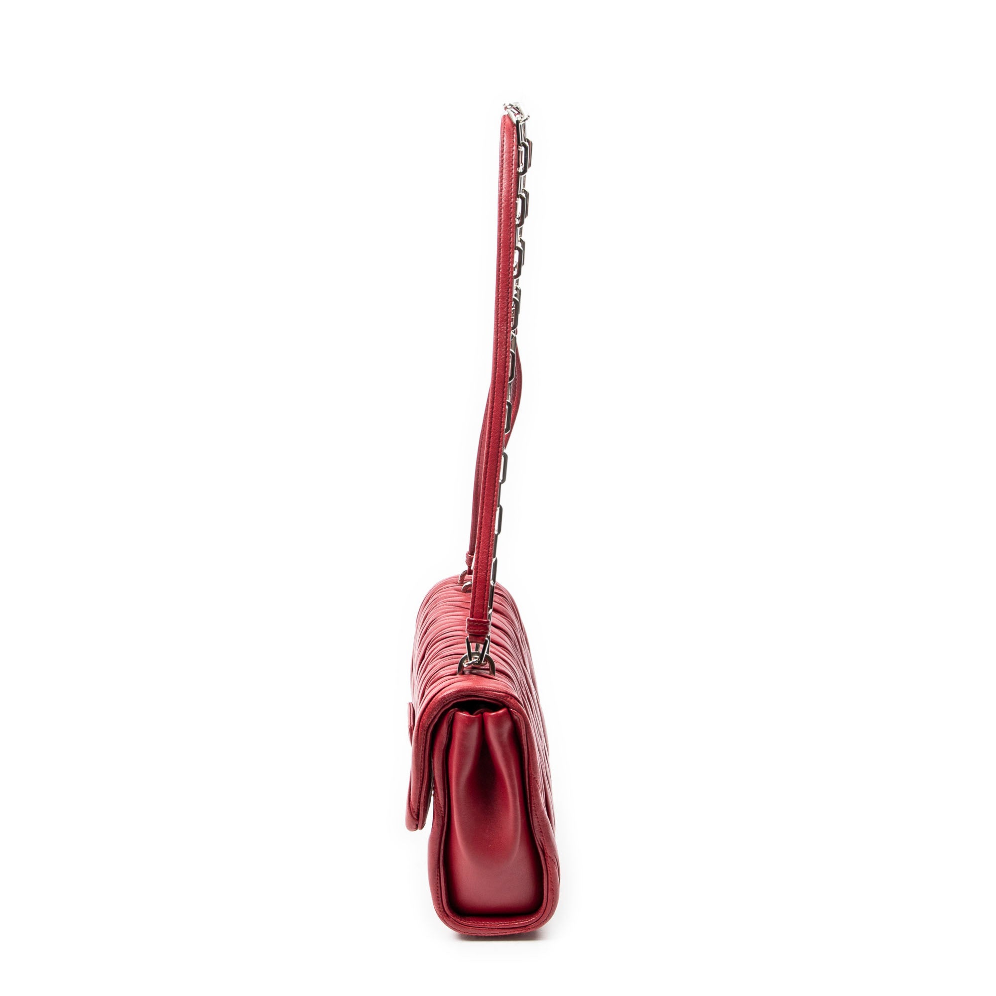 Shoulder Bag Pushlock Chain Flap Red Nappa Matelasse Leather