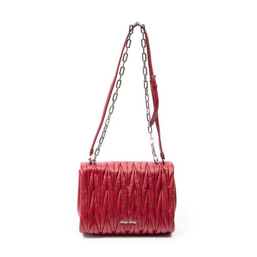 Shoulder Bag Pushlock Chain Flap Red Nappa Matelasse Leather