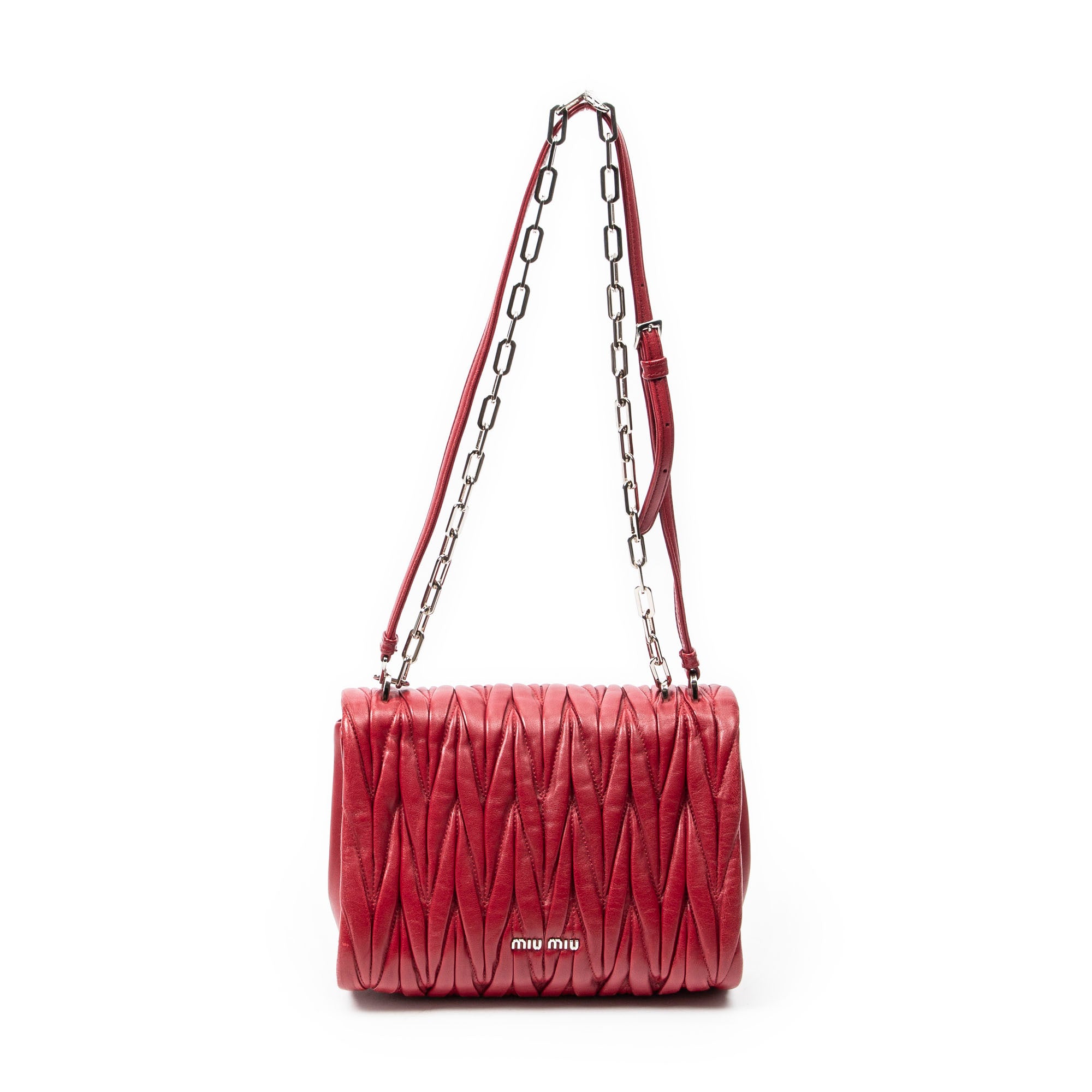 Shoulder Bag Pushlock Chain Flap Red Nappa Matelasse Leather