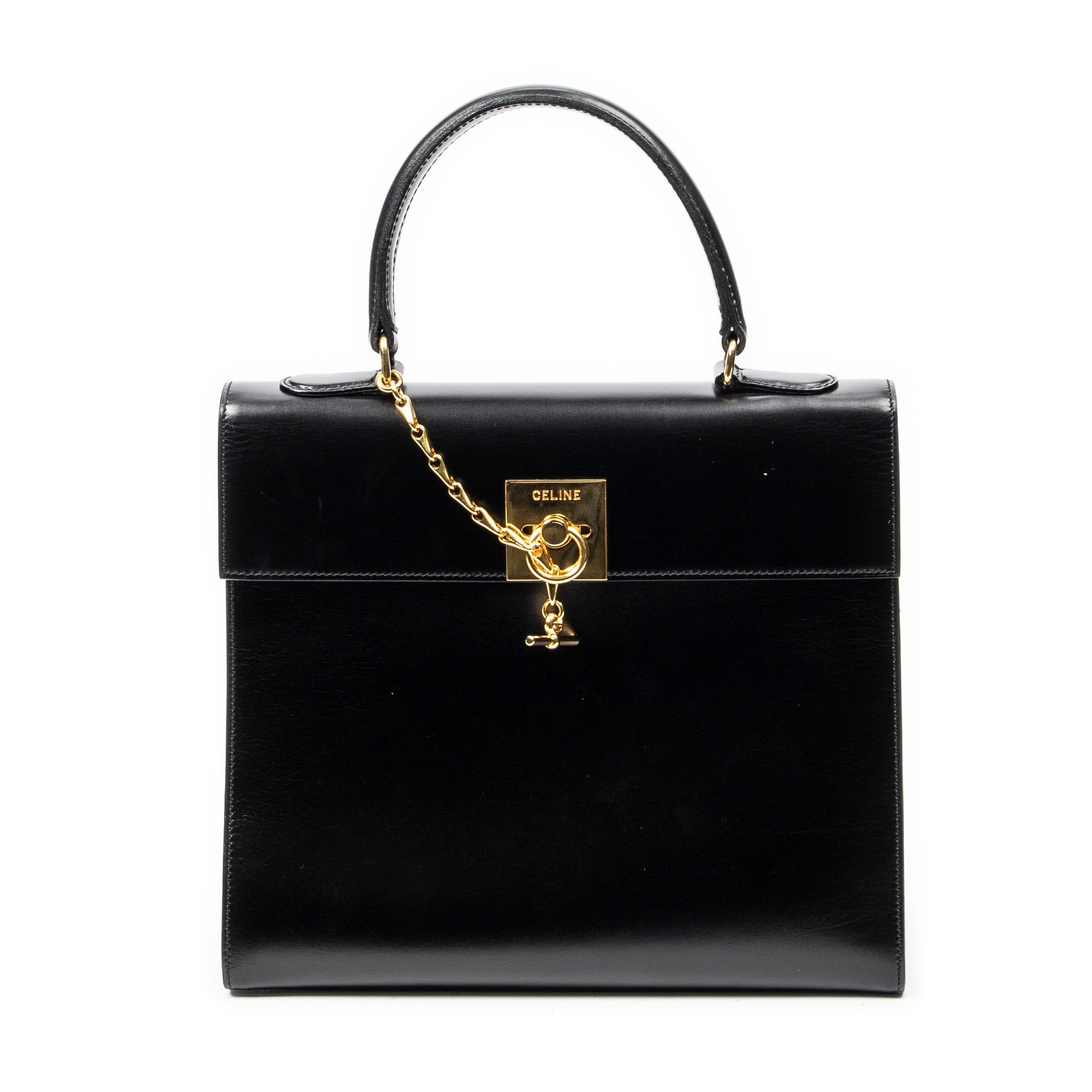 Handbag Vintage Flap Top Handle Black Smooth Leather
