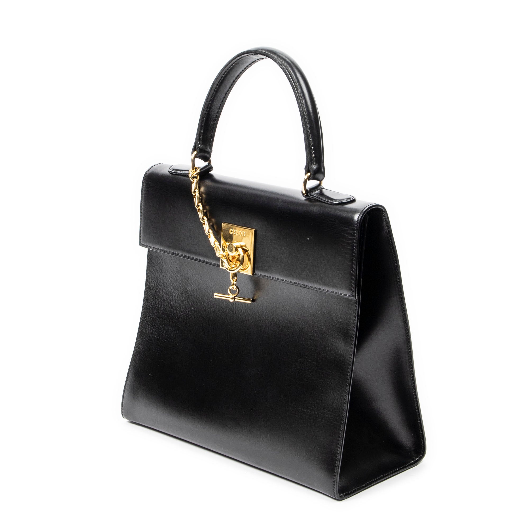Handbag Vintage Flap Top Handle Black Smooth Leather