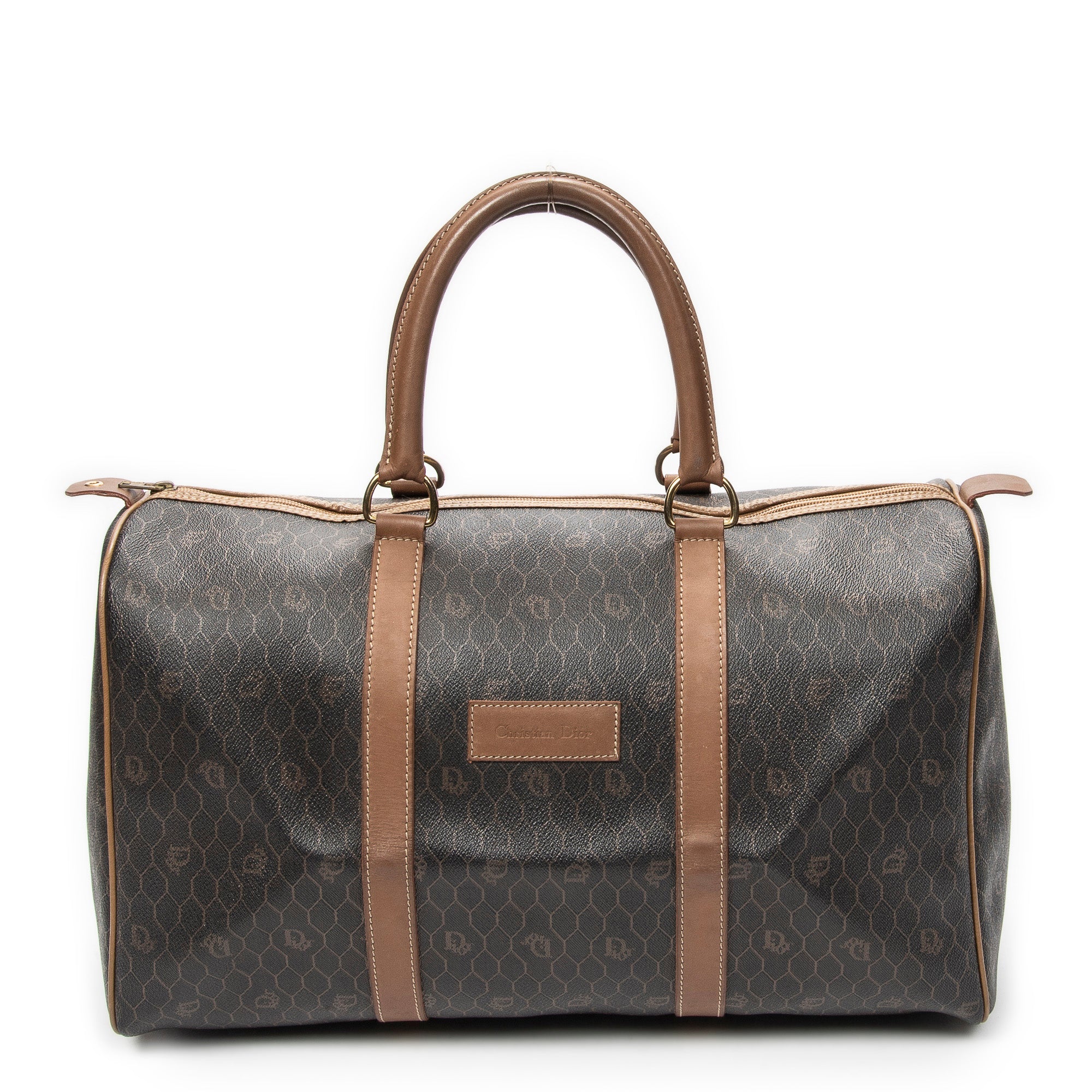 Bolso de viaje vintage Boston mediano de lona recubierta con patrón de nido de abeja gris oscuro