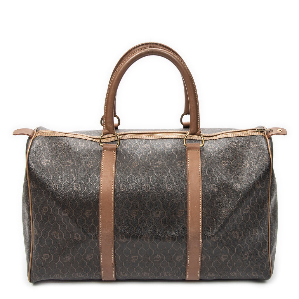 Bolso de viaje vintage Boston mediano de lona recubierta con patrón de nido de abeja gris oscuro