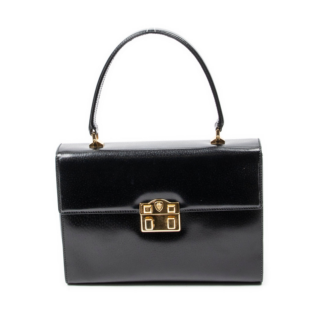 Shoulder Bag Vintage Push Lock Top Handle Black Smooth Calfskin Leather