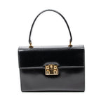 Shoulder Bag Vintage Push Lock Top Handle Black Smooth Calfskin Leather