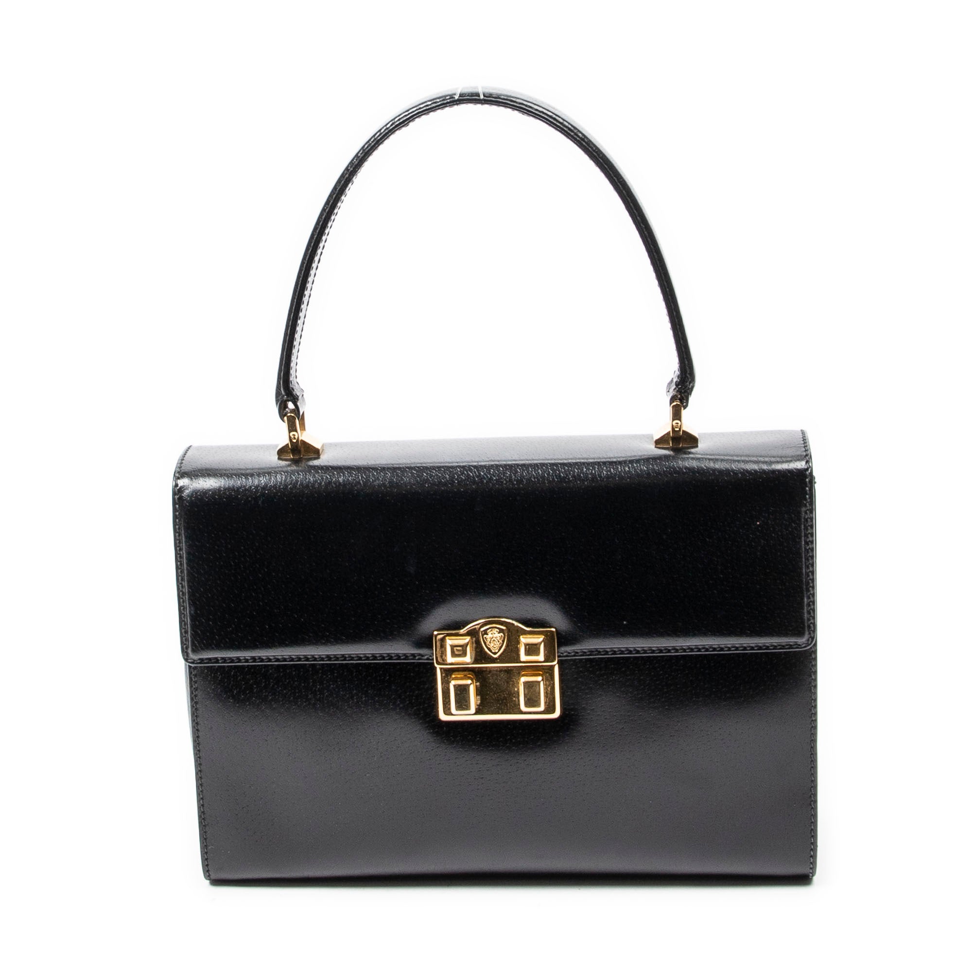 Shoulder Bag Vintage Push Lock Top Handle Black Smooth Calfskin Leather