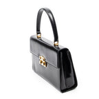 Shoulder Bag Vintage Push Lock Top Handle Black Smooth Calfskin Leather