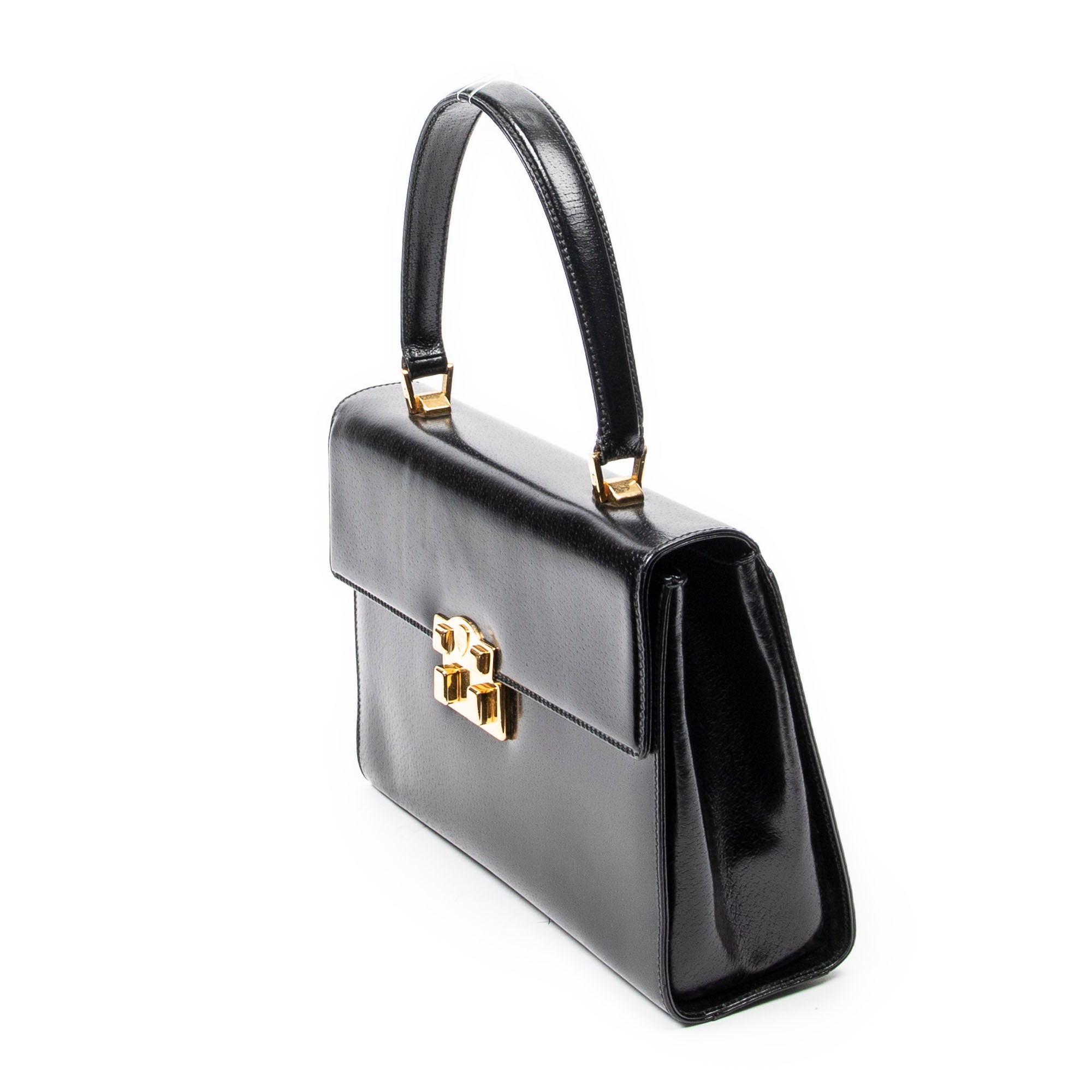 Shoulder Bag Vintage Push Lock Top Handle Black Smooth Calfskin Leather