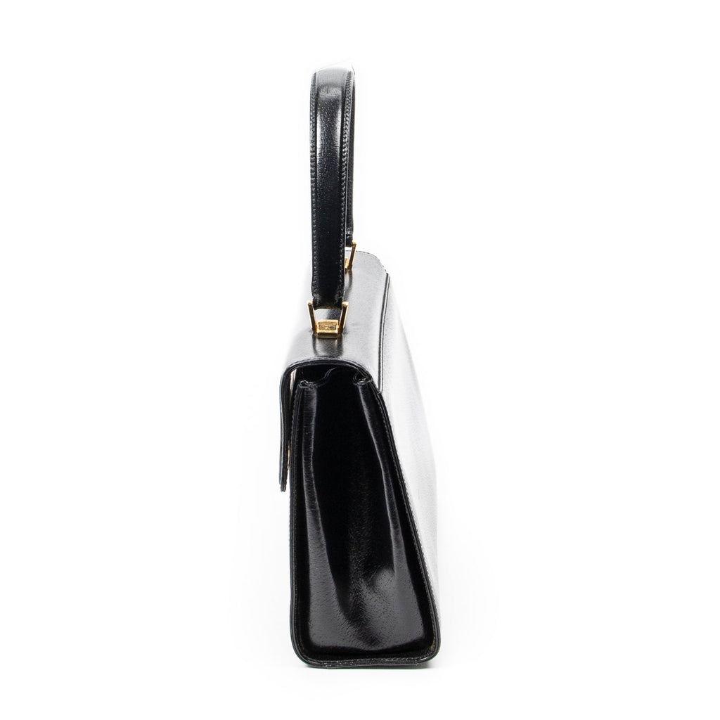 Shoulder Bag Vintage Push Lock Top Handle Black Smooth Calfskin Leather