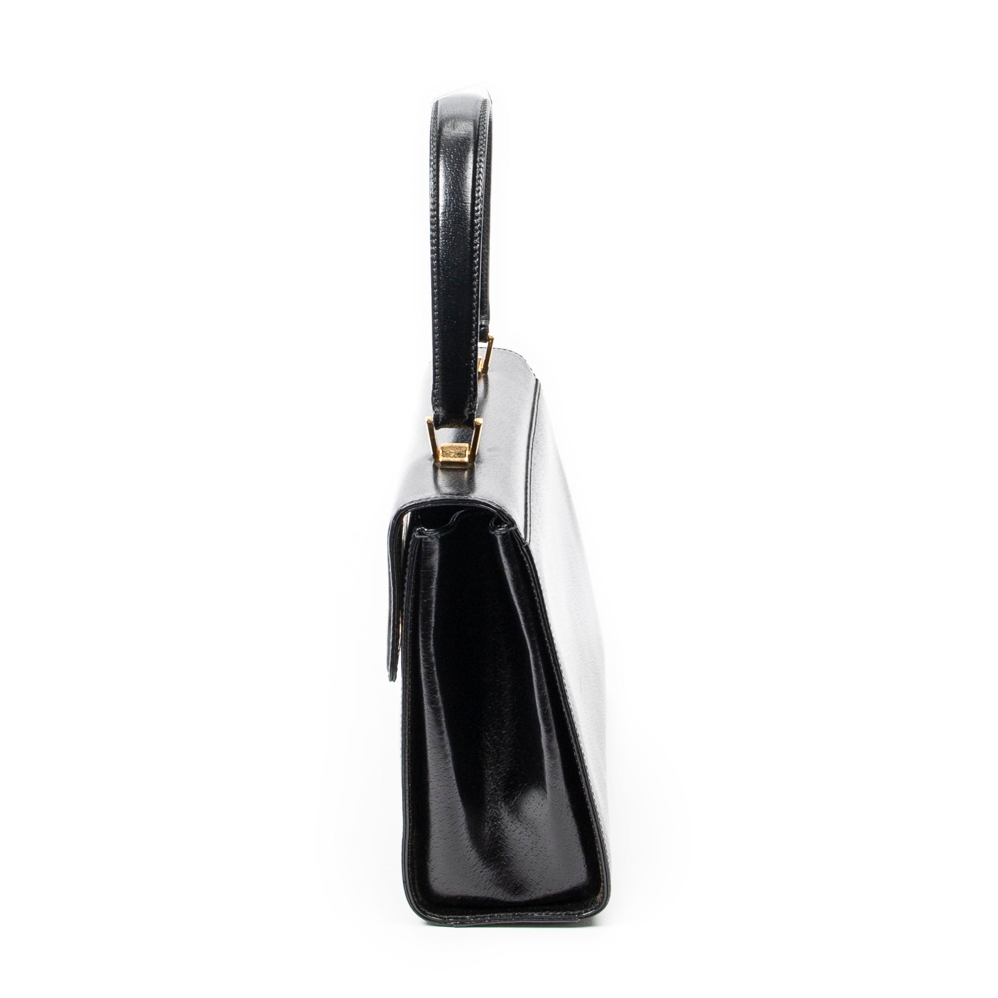 Shoulder Bag Vintage Push Lock Top Handle Black Smooth Calfskin Leather