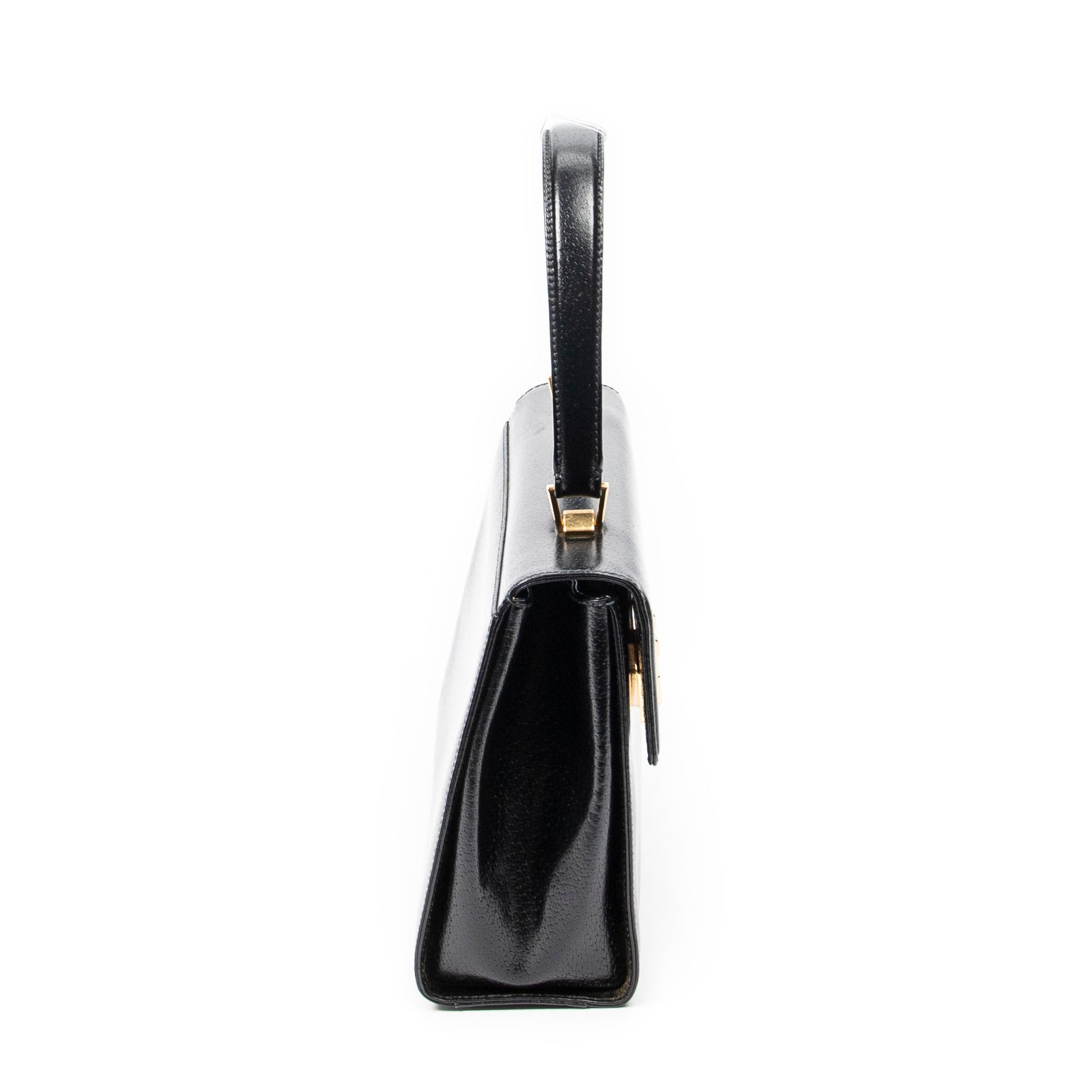 Shoulder Bag Vintage Push Lock Top Handle Black Smooth Calfskin Leather