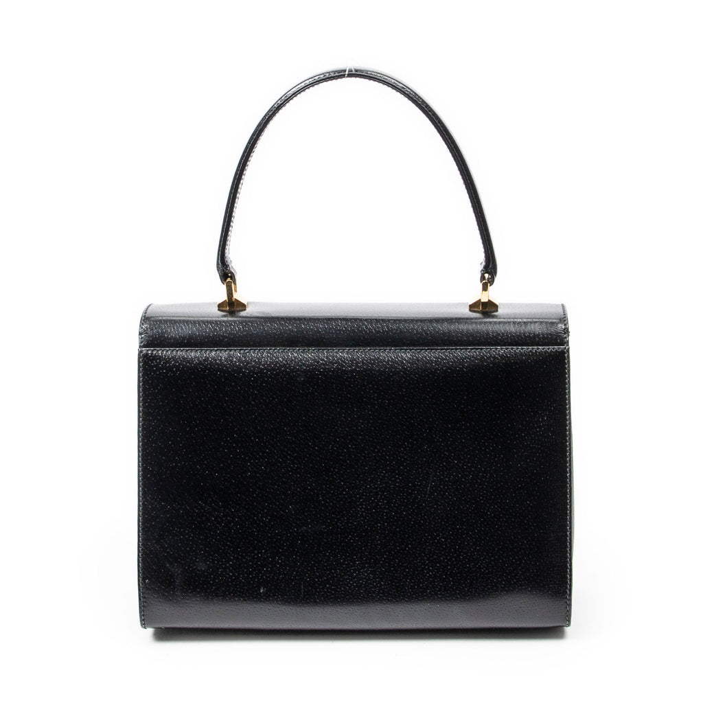 Shoulder Bag Vintage Push Lock Top Handle Black Smooth Calfskin Leather