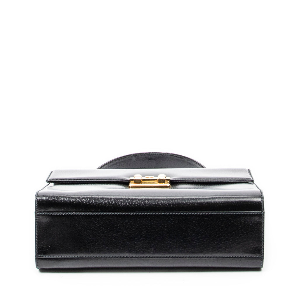 Shoulder Bag Vintage Push Lock Top Handle Black Smooth Calfskin Leather