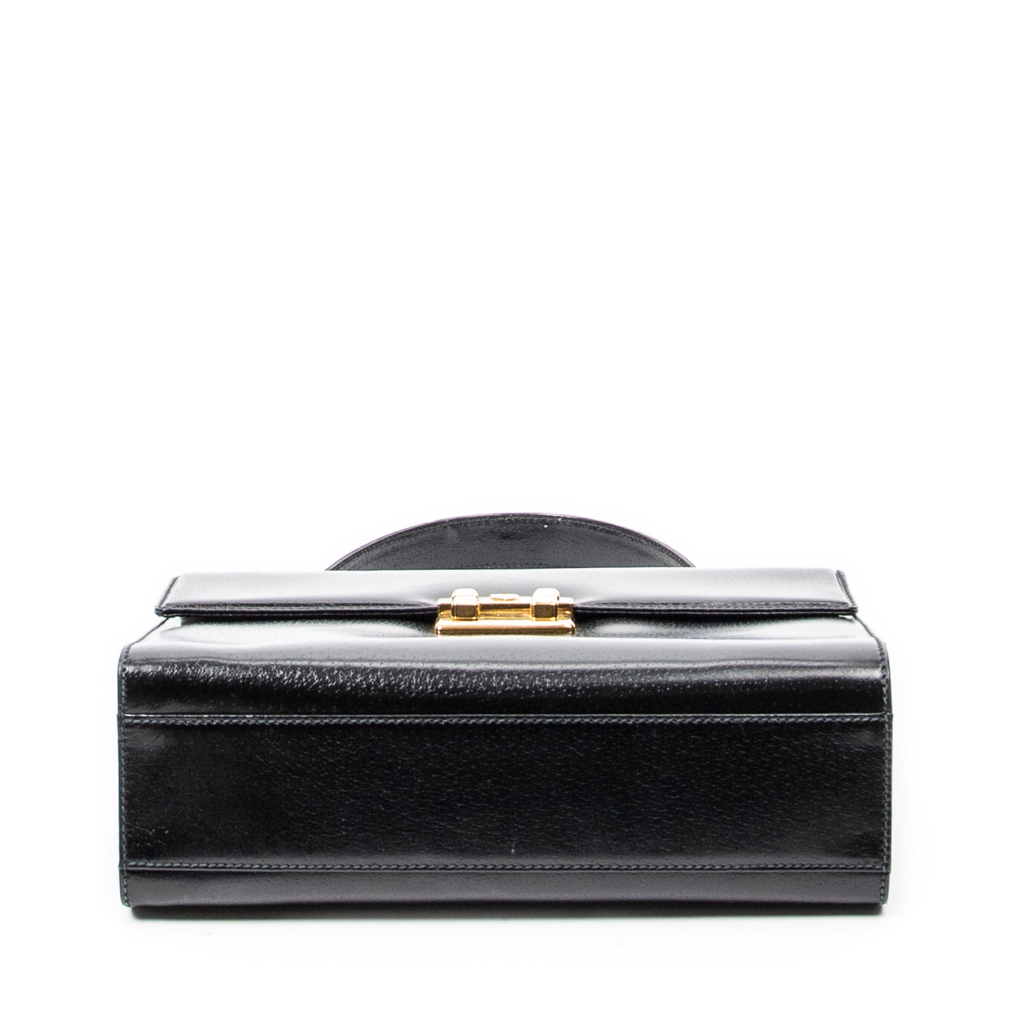 Shoulder Bag Vintage Push Lock Top Handle Black Smooth Calfskin Leather