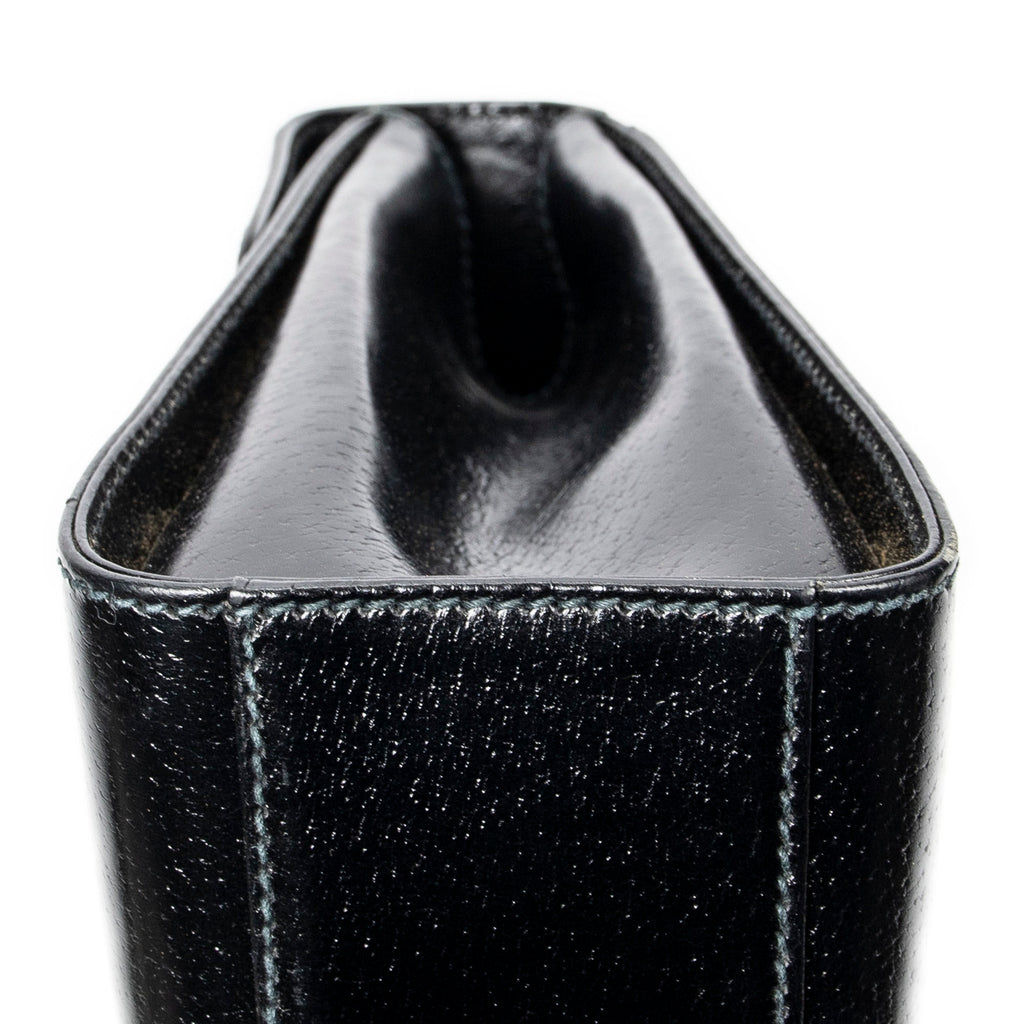 Shoulder Bag Vintage Push Lock Top Handle Black Smooth Calfskin Leather