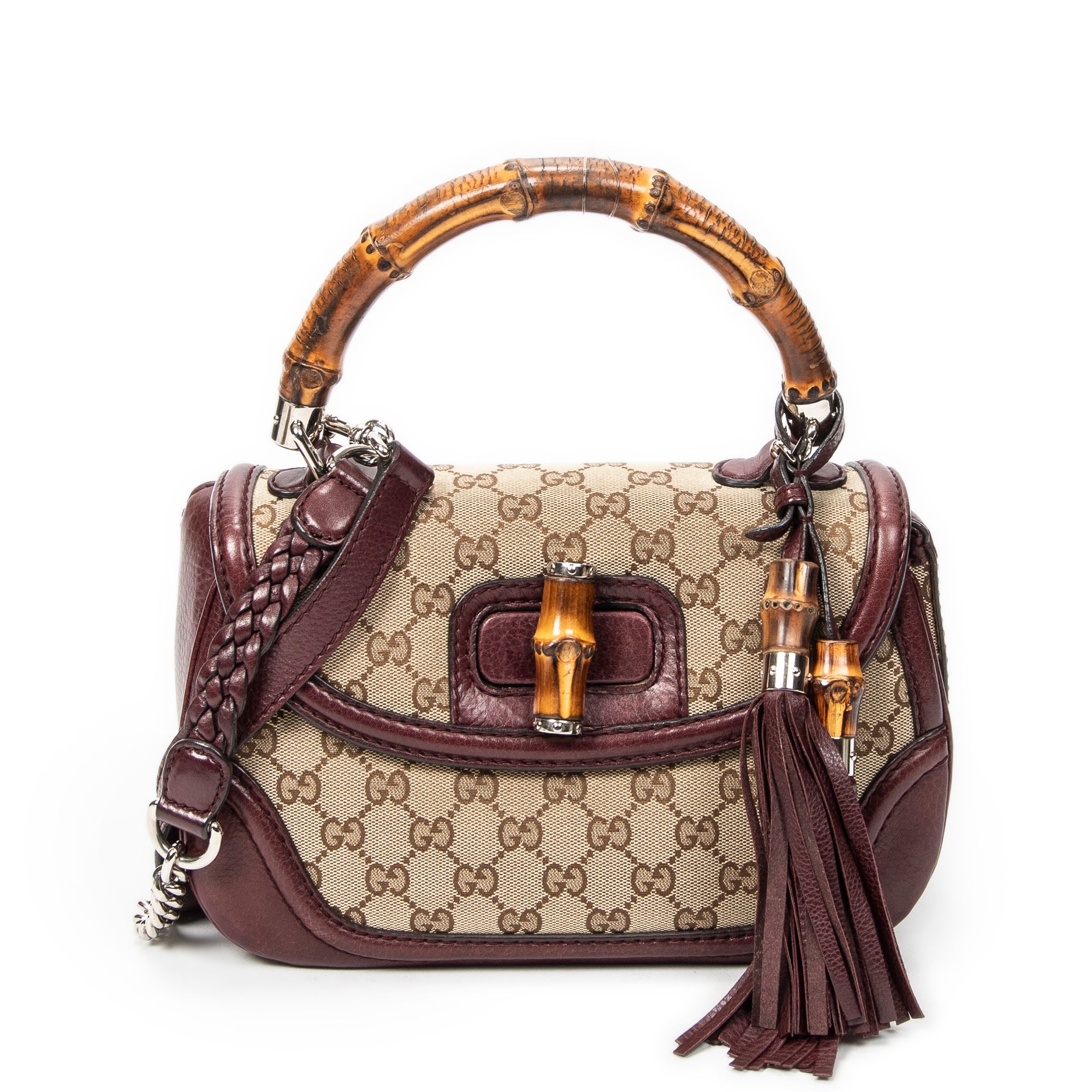 Shoulder Bag Bamboo Tassel Top Handle Burgundy Monogrammed Canvas