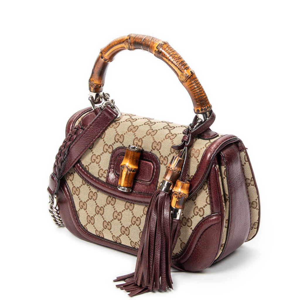 Shoulder Bag Bamboo Tassel Top Handle Burgundy Monogrammed Canvas