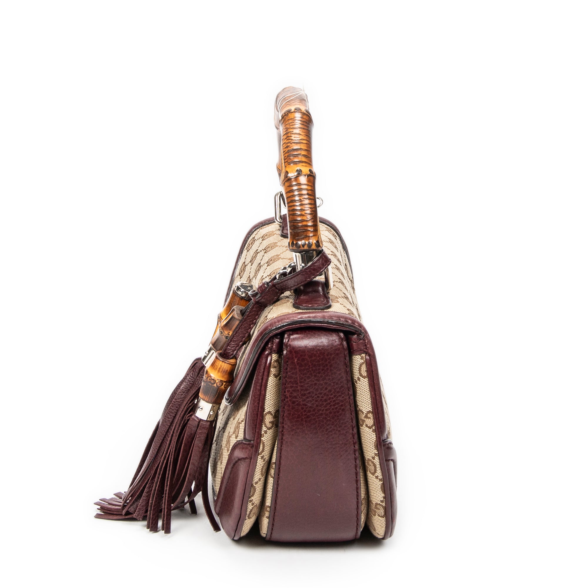 Shoulder Bag Bamboo Tassel Top Handle Burgundy Monogrammed Canvas