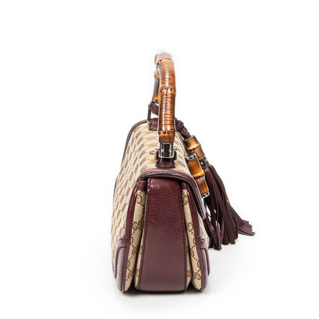 Shoulder Bag Bamboo Tassel Top Handle Burgundy Monogrammed Canvas