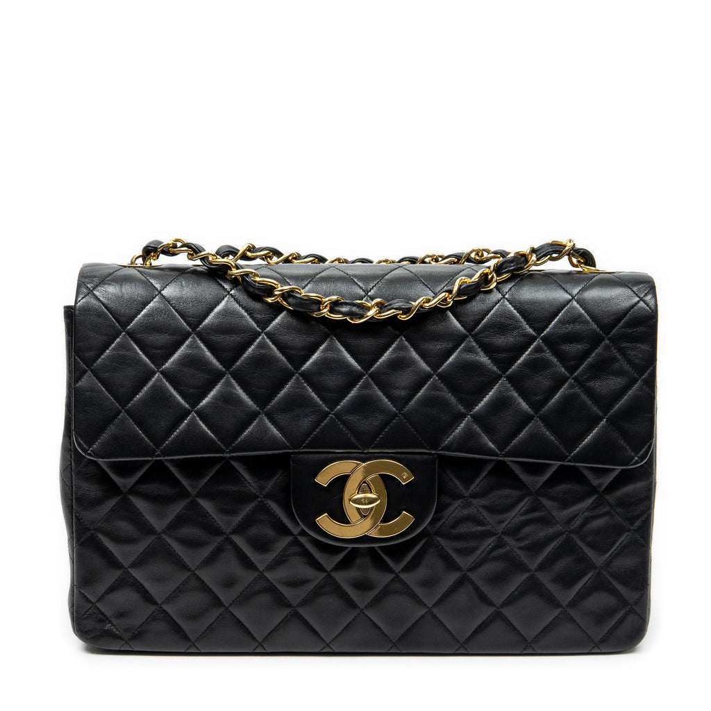 Shoulder Bag Maxi Jumbo XL Flap Black Quilted Lambskin Leather