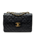 Shoulder Bag Maxi Jumbo XL Flap Black Quilted Lambskin Leather