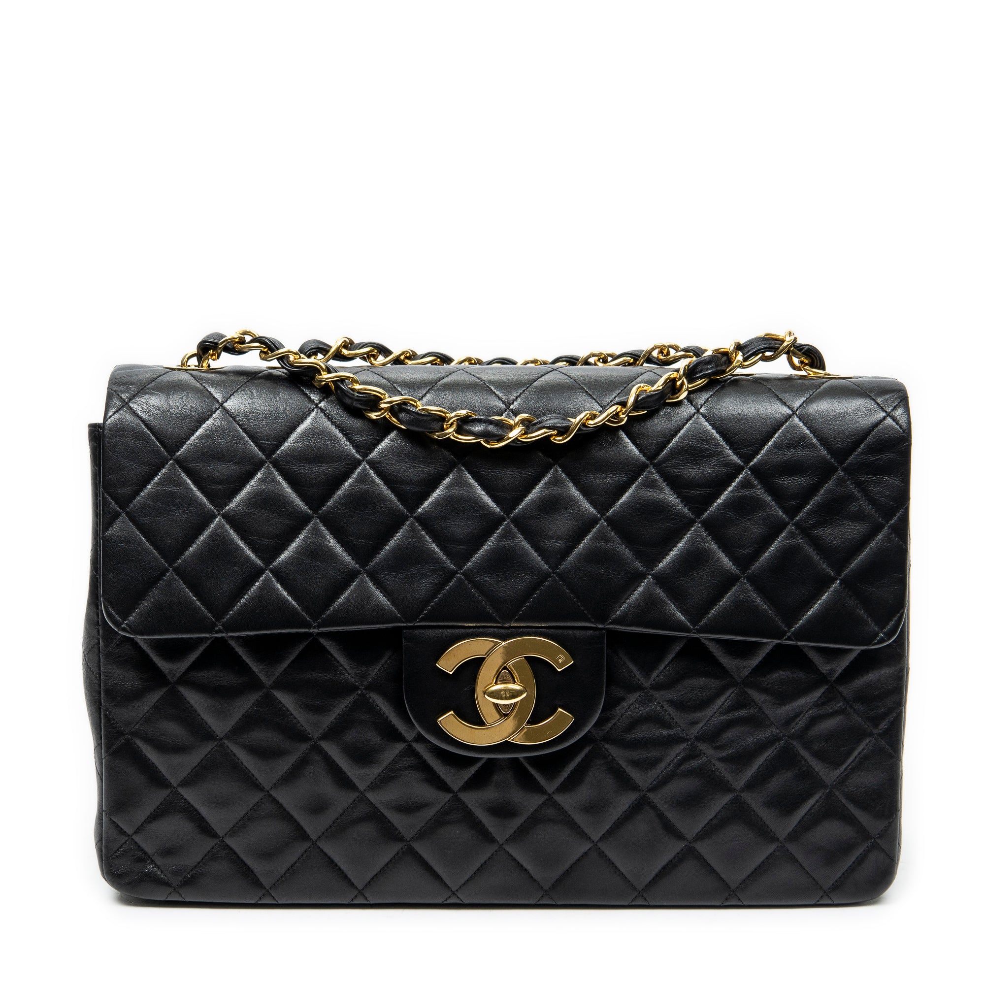 Shoulder Bag Maxi Jumbo XL Flap Black Quilted Lambskin Leather