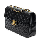 Shoulder Bag Maxi Jumbo XL Flap Black Quilted Lambskin Leather