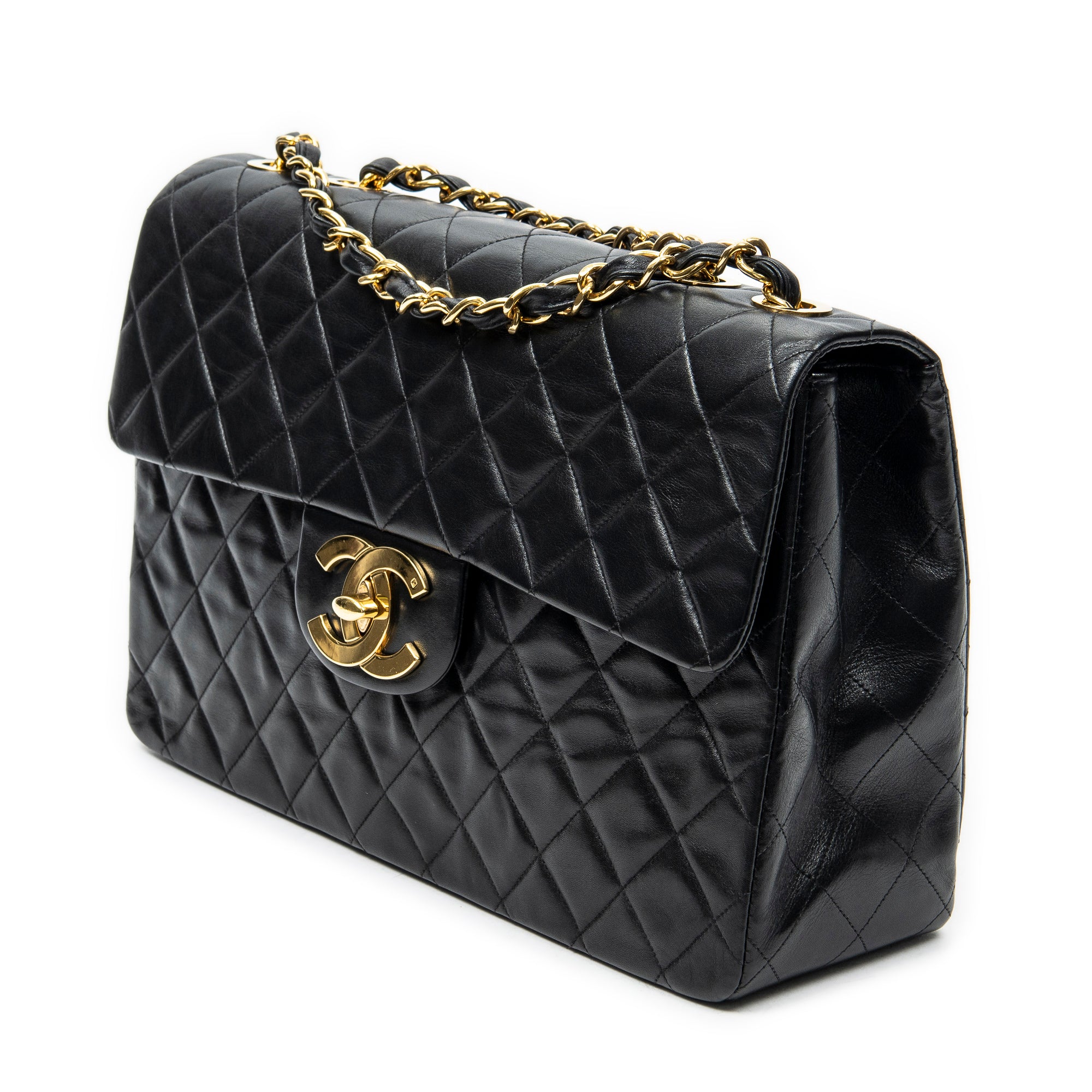 Shoulder Bag Maxi Jumbo XL Flap Black Quilted Lambskin Leather