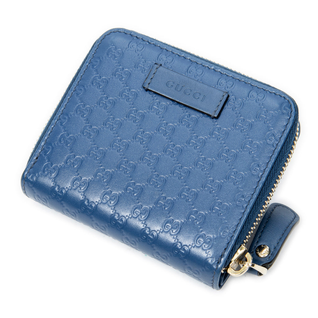 Wallet Compact Zip Bifold Wallet Blue Microguccissima Leather