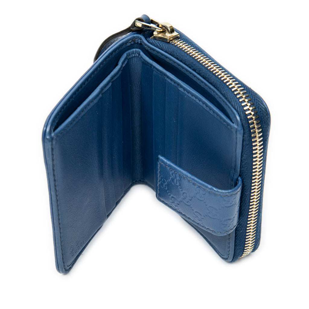 Wallet Compact Zip Bifold Wallet Blue Microguccissima Leather