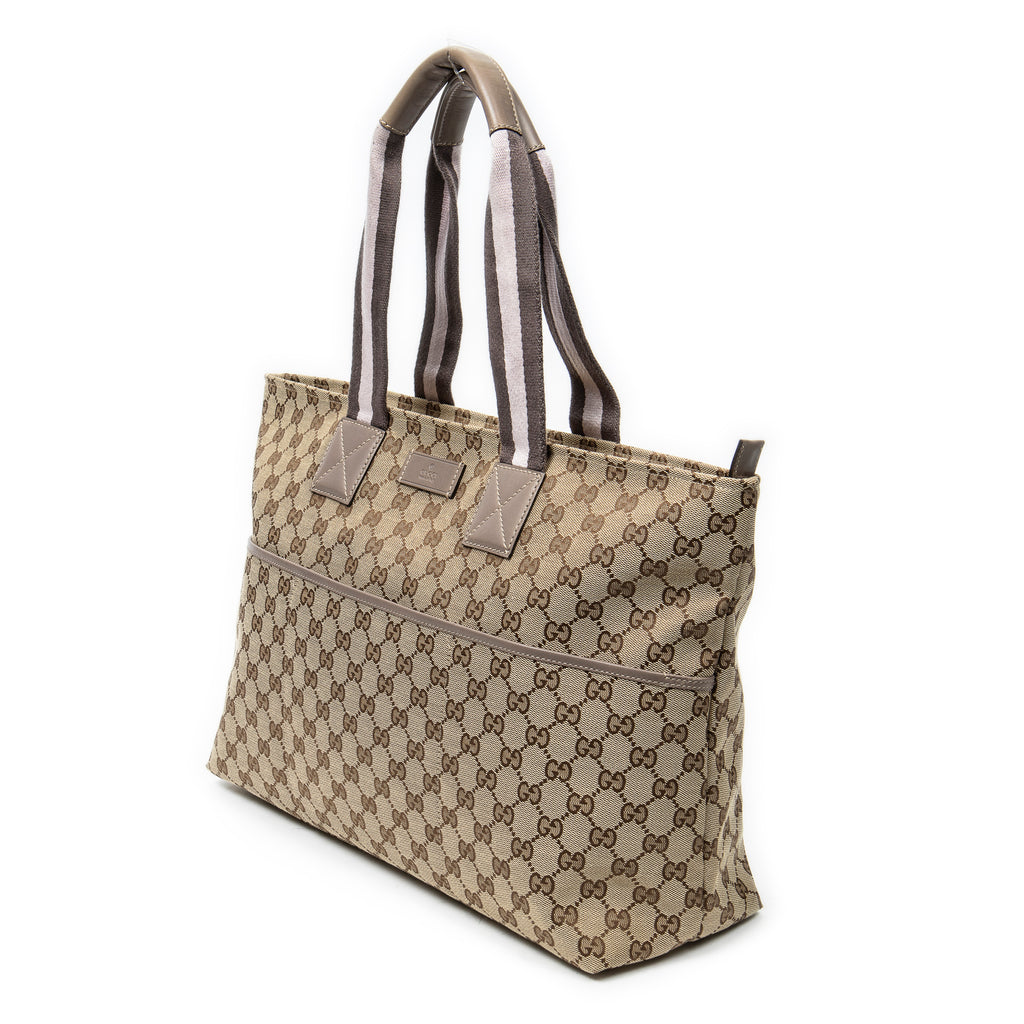 Shoulder Bag Web Large Diaper Tote Taupe Monogrammed Canvas