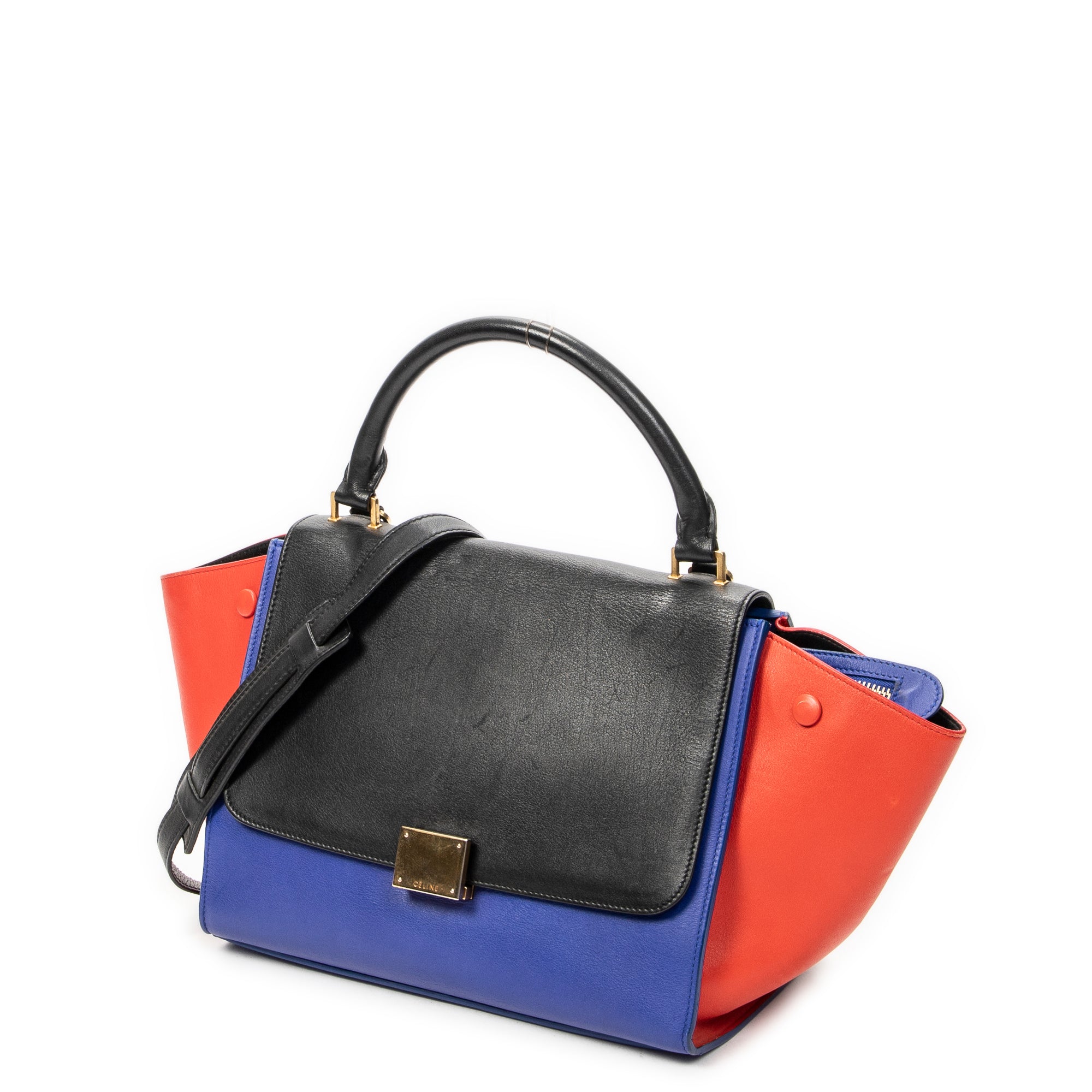 Shoulder Bag Small Tricolor Trapeze Black Calfskin Leather