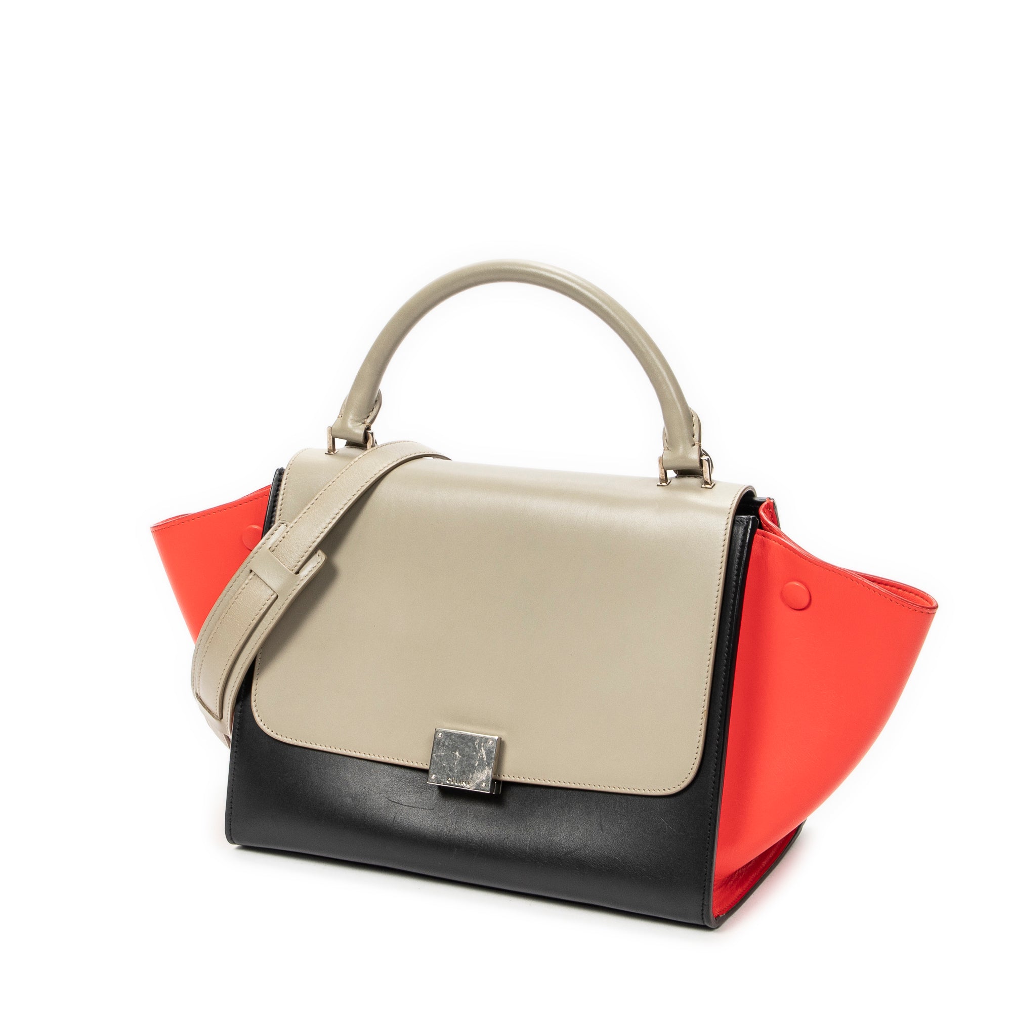 Shoulder Bag Small Tricolor Trapeze Black Calfskin Leather